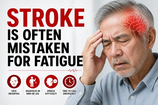 Senior man holding his head in pain, showing stroke symptoms often mistaken for fatigue, including face drooping, arm or leg weakness, speech difficulty, emphasizing the urgency to call emergency services
