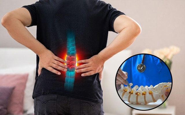 Lower back pain and spine treatment illustration for slip disc diagnosis and care