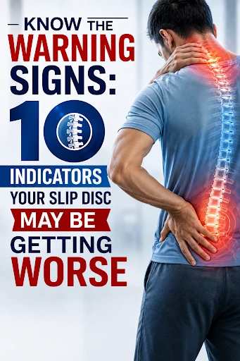 Man holding painful back with highlighted spine showing warning signs of worsening slip disc