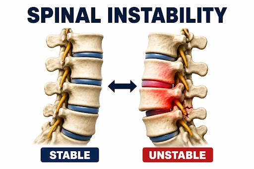 Stable versus unstable spine illustration showing spinal instability, disc damage and nerve compression
