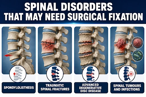 Spinal disorders requiring surgery, including spondylolisthesis, spinal fractures, degenerative disc disease, tumors and infections