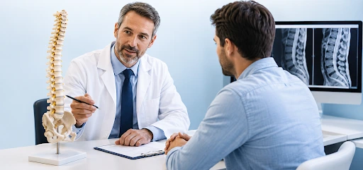 Spine surgeon explaining what to expect during a surgical consultation for back pain and spinal disorders
