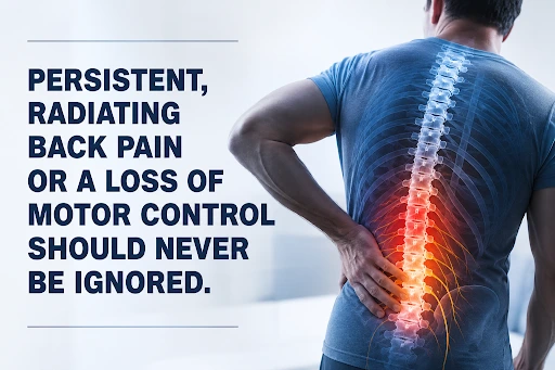 Persistent radiating back pain and loss of motor control warning signs requiring spine specialist evaluation