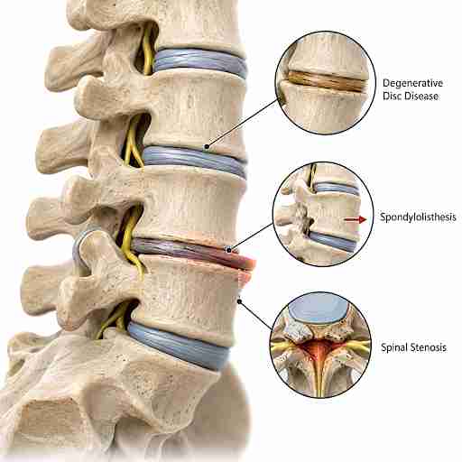 3D spine model showing lower back conditions such as degenerative disc disease, spondylolisthesis, and spinal stenosis