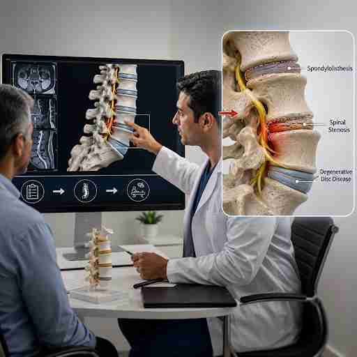 Doctor explaining spinal conditions using MRI scan showing spondylolisthesis, spinal stenosis, and degenerative disc disease