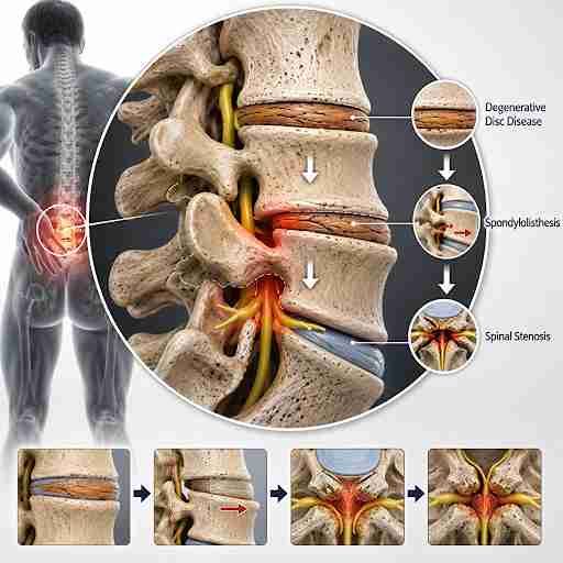 Medical illustration showing lumbar spine problems including degenerative disc disease, spondylolisthesis, and spinal stenosis causing nerve compression