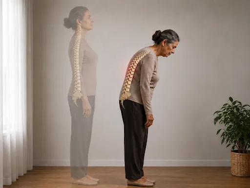 Elderly woman with bent posture showing spinal curvature and posture changes