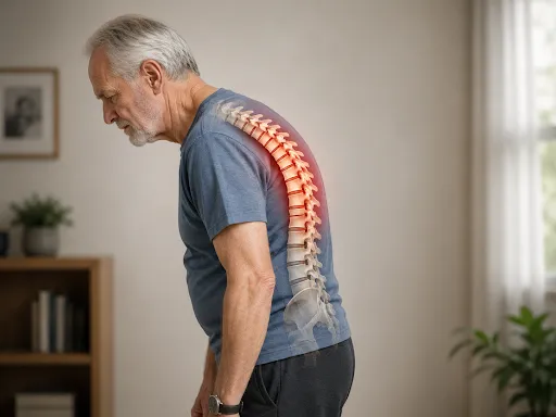 Older man with back pain showing spinal curvature and highlighted spine