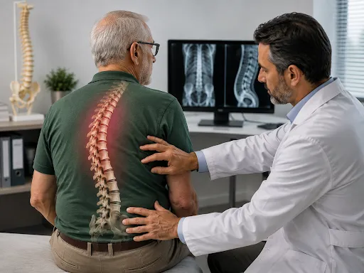Doctor examining an elderly patient’s back during spinal assessment