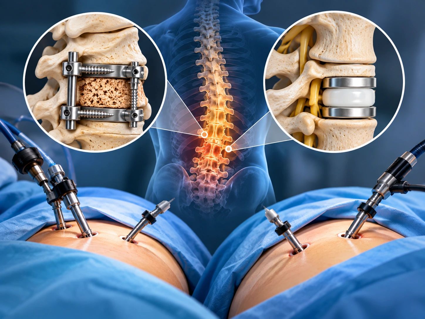 Medical illustration comparing spinal fusion and artificial disc replacement with minimally invasive surgical instruments and lumbar spine anatomy.