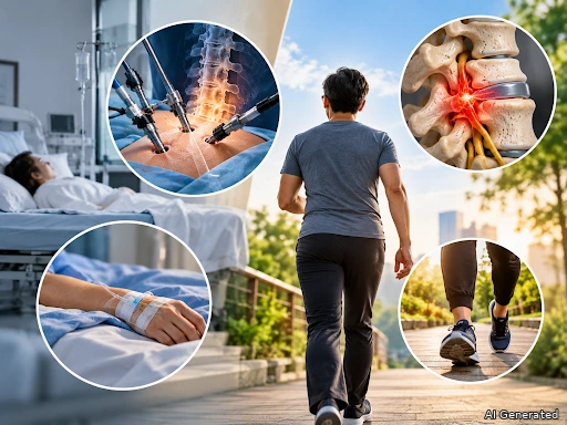 Illustration of spine surgery, lumbar disc problems, hospital recovery and a patient walking after spinal treatment.