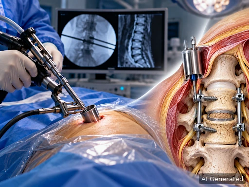 Medical illustration of minimally invasive spine surgery using specialised surgical instruments to treat lumbar spinal conditions.